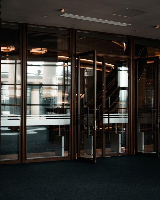 Commercial automatic sliding doors at a modern business entrance